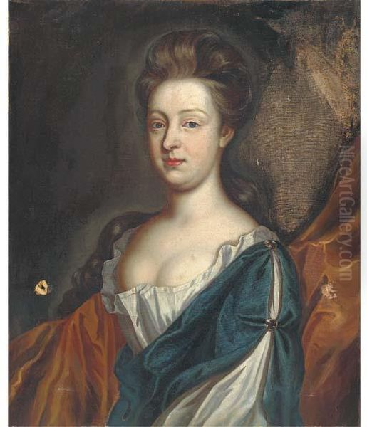 Portrait Of A Lady, Half-length, Wearing A Blue And White Dresswith A Gold Wrap Oil Painting by Sir Godfrey Kneller