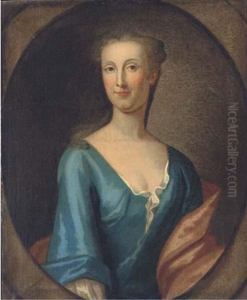 Portrait Of Martha Rawson Of 
Bolling, Bust-length, In A Blue Dressand Red Wrap, In A Feigned Oval Oil Painting by Sir Godfrey Kneller