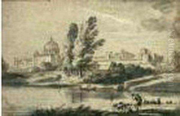 Paysage De Riviere Avec Saint-pierre De Rome A L'arriere Plan Oil Painting by Jean-Baptiste Lallemand