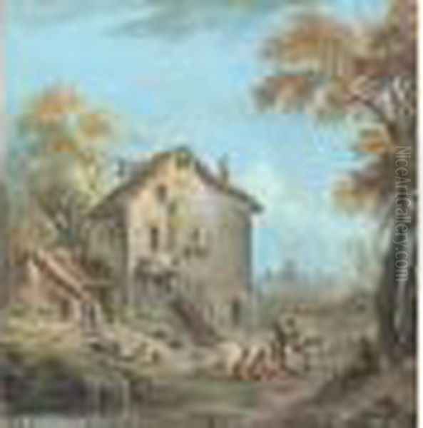 Ferme Et Paysan Au Bord De La Riviere Oil Painting by Jean-Baptiste Lallemand