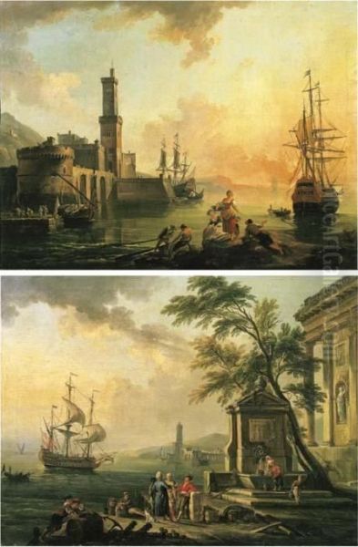 Fishermen And Courtesans In A 
Mediterranean Port At Sunset; Andfishermen And Turkish Merchants In A 
Mediterranean Port Andsunrise Oil Painting by Jean-Baptiste Lallemand