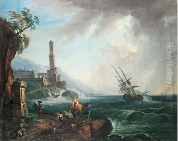 Port Mediterraneen Avec Paysans Sur Le Rivage Oil Painting by Jean-Baptiste Lallemand