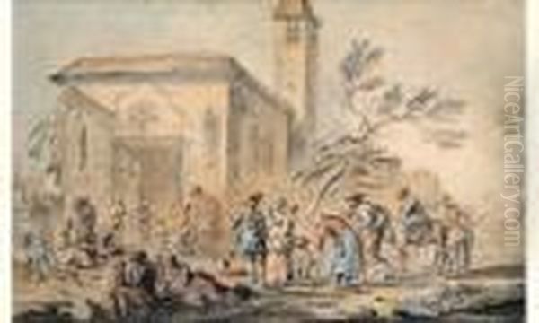 La Halte Des Pelerins Devant Une Eglise Oil Painting by Jean-Baptiste Lallemand