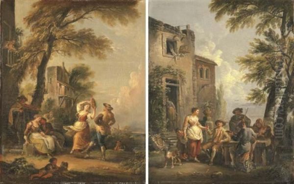 Travelers Merrymaking Outside An Inn Oil Painting by Jean-Baptiste Lallemand