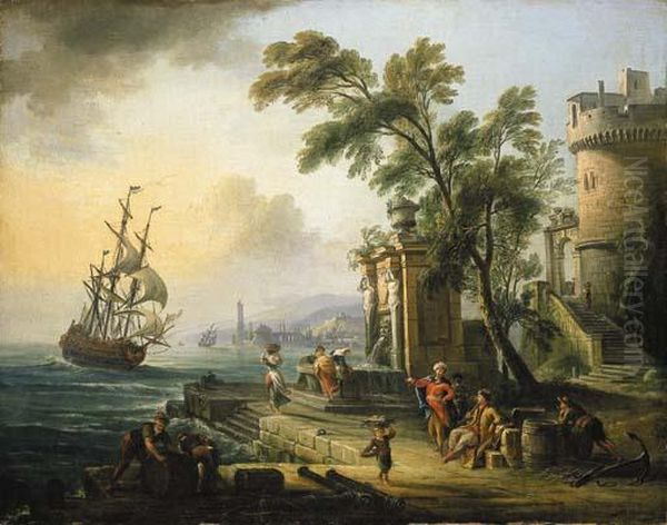 A Capriccio Of A Mediterranean Port With Oriental Figures, A Man-o-war At Sea Beyond Oil Painting by Jean-Baptiste Lallemand