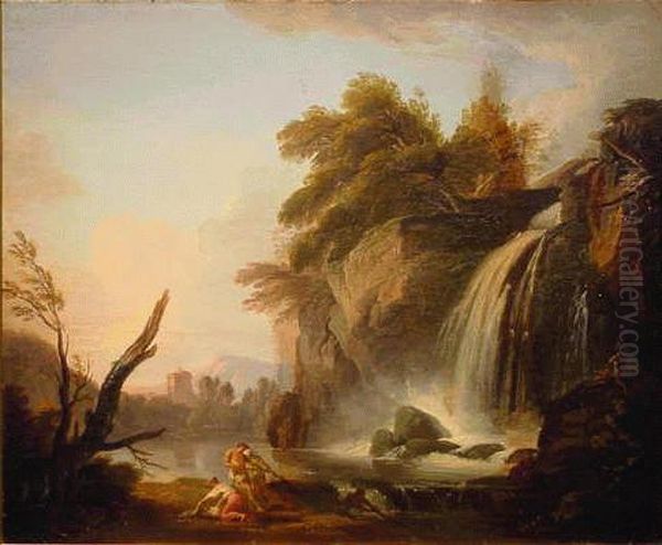 Figures Before A Waterfall Oil Painting by Jean-Baptiste Lallemand