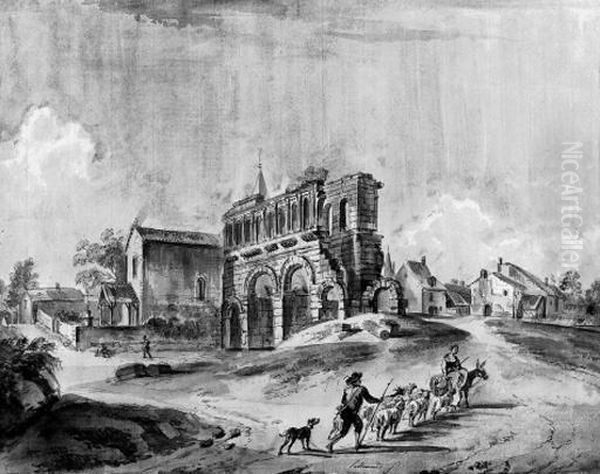 The Ruins Of A Roman Gate Outside A Village With Peasants And Theirflocks Oil Painting by Jean-Baptiste Lallemand