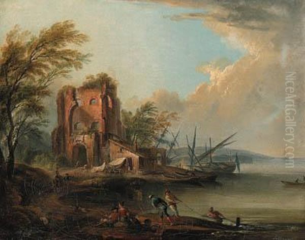 A Coastal Landscape With Fishermen And Beached Boats By Afarmhouse Oil Painting by Jean-Baptiste Lallemand