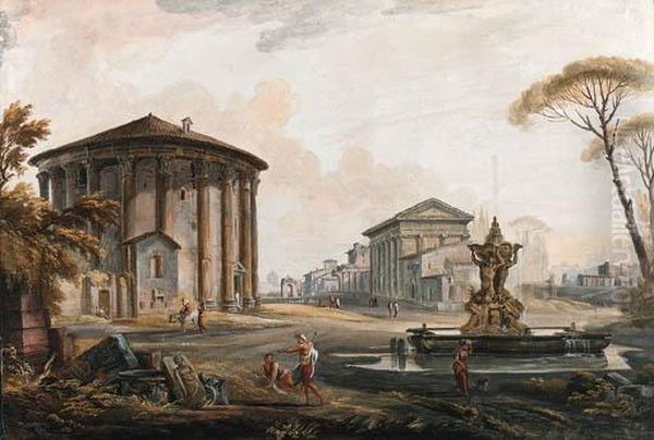 A Capriccio With The Temple Of 
Cybel On Piazza Della Bocca Dellaverita, The Barberini Fountain, The 
Temple Of Antoninus Andfaustina And The Tabularium In The Background Oil Painting by Jean-Baptiste Lallemand