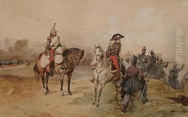 Two Mounted Offices Surveying A Battle Oil Painting by Eugene Louis Lami