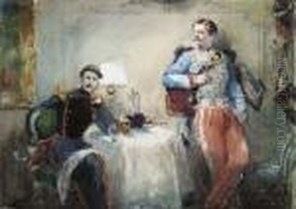 Un Officier Assis A Une Table Pres D'un Hussard Debout Tenant Unverre De Vin Oil Painting by Eugene Louis Lami