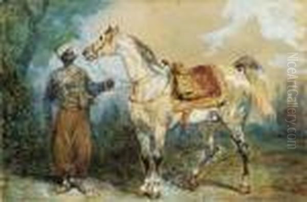 Mameluck Tenant Un Cheval Harnache De Profil A Gauche Oil Painting by Eugene Louis Lami