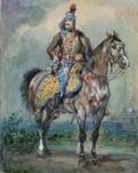 Hussard A Cheval, Tourne Vers La Gauche Oil Painting by Eugene Louis Lami