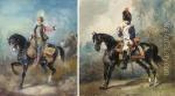 Un Officier Hussard A Cheval, 
Pointant Vers La Droite; Et Un Dragona Cheval, Tourne Vers La Gauche Oil Painting by Eugene Louis Lami