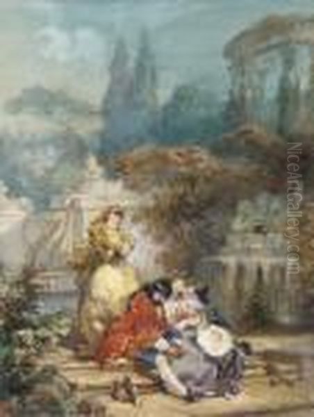 Les Amants Surpris: Deux Amants 
Assis Sur Une Marche Dans Un Jardinobserves Par Une Femme Portant Un 
Masque; Lemoisne No. 1245. Oil Painting by Eugene Louis Lami