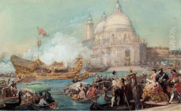 Fete A Venise, Le Bucentaure Devant L'eglise De La Salute Oil Painting by Eugene Louis Lami