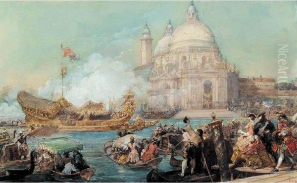 Fete A Venise, Le Bucentaure Devant L'eglise De La Salute Oil Painting by Eugene Louis Lami