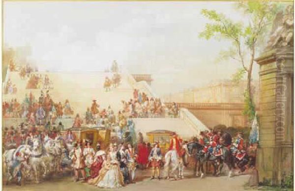 Louis Xiv Et Sa Cour Montant L'escalier Des 100 Marches A Versailles Oil Painting by Eugene Louis Lami