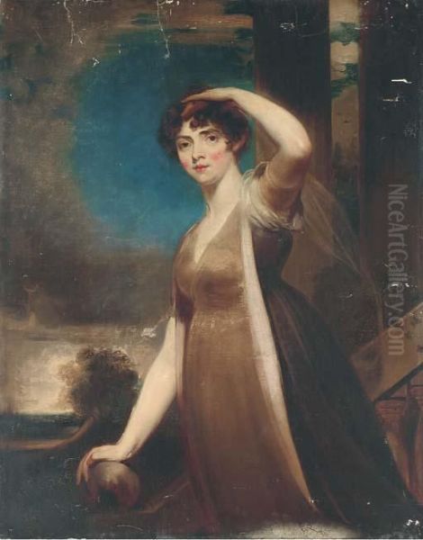 Portrait Of A Lady, 
Three-quarter-length, In A Brown Dress, On The Steps Of A Terrace, 
Looking Towards The Artist Oil Painting by Sir Thomas Lawrence