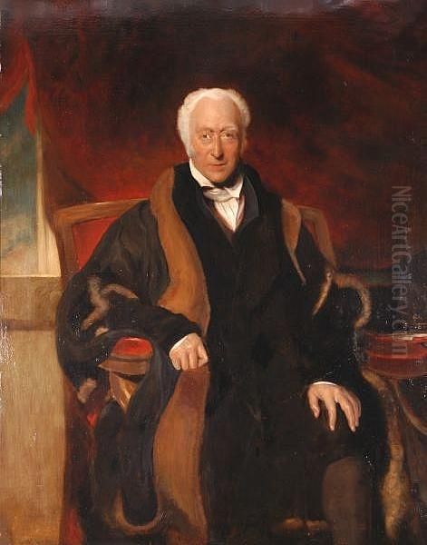 Richard Clark, Seated 
Three-quarter Length, Wearing A Fur Trimmed Black Robe, Before A Scarlet
 Curtain Oil Painting by Sir Thomas Lawrence