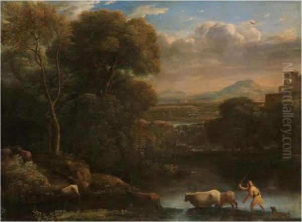 An Italianate Landscape With A 
Drover And His Dog Driving His Cattle Across A Ford, A Waterfall Beyond Oil Painting by Claude Lorrain (Gellee)