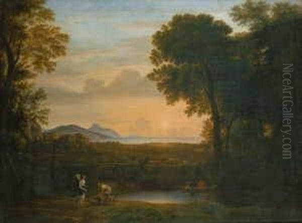 Gellee, Gen. , Nach Landschaft 
Mit Dem Erzengel Raphael Und Tobias. Ol Auf Leinwand . H 116; B 150 Cm. 
Nach Claudes 1663 Entstandenem Gemalde In Der Eremitage, St. Petersburg Oil Painting by Claude Lorrain (Gellee)