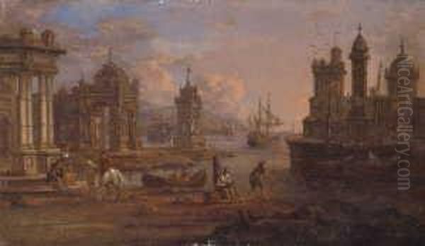 Gellee, Gen. , Nachfolge 
Sudlicher Seehafen. Ol Auf Holz. H 15,5; B 26 Cm. In Einem Reich 
Geschnitzten Und Partiell Vergoldeten Holzrahmen In Spanischem Stil Oil Painting by Claude Lorrain (Gellee)