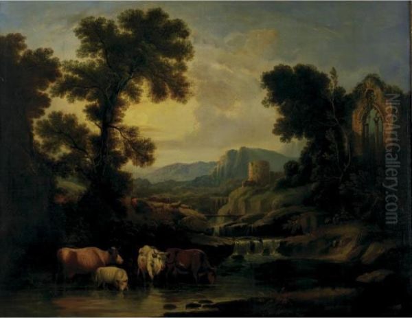 Landscape With Watering Cows And The Ruins Of A Castle In A Distance Oil Painting by Claude Lorrain (Gellee)