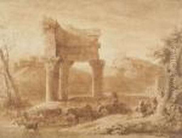 Drovers Amidst Classical Ruins Oil Painting by Claude Lorrain (Gellee)