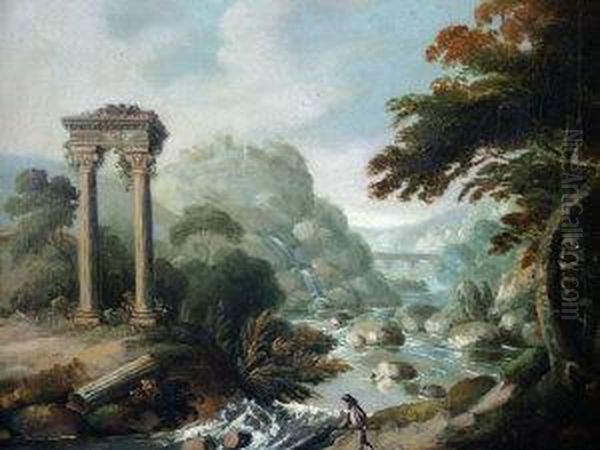 Italianate River Landcsape With A Fisherman By A Ruined Temple Oil Painting by Claude Lorrain (Gellee)