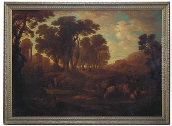 An Extensive Wooded Landscape With Figures And Cattle On A Track, Classical Ruins Beyond Oil Painting by Claude Lorrain (Gellee)