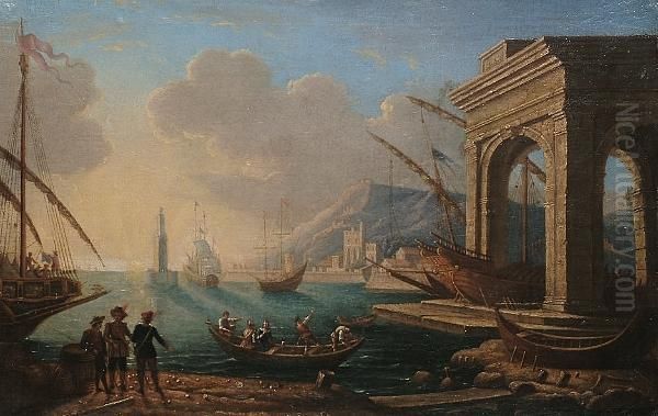 A Seaport With Figures Conversing In The Foreground Oil Painting by Claude Lorrain (Gellee)