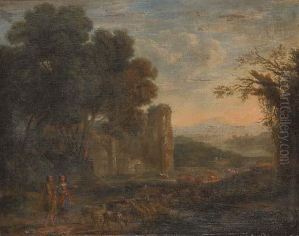 A Landscape With A Shepherd And Shepherdess With Their Flock Oil Painting by Claude Lorrain (Gellee)