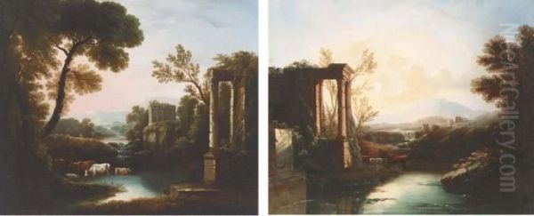 An Italianate Landscape With 
Classical Ruins; And An Italianatelandscape With A Shepherd And Cattle 
By Classical Ruins Oil Painting by Claude Lorrain (Gellee)