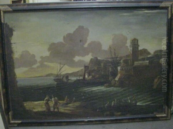 Figures In A Busy Harbor Oil Painting by Claude Lorrain (Gellee)