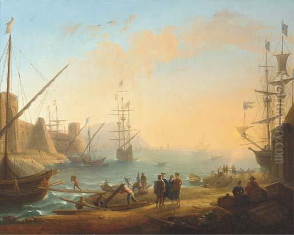 A Mediterranean Harbour With Shipping And Merchants On The Shore Oil Painting by Claude Lorrain (Gellee)