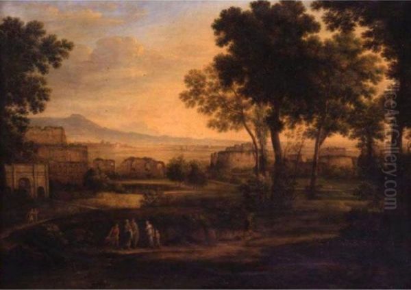 Figures In A Landscape With Ruined Buildings Beyond Oil Painting by Claude Lorrain (Gellee)