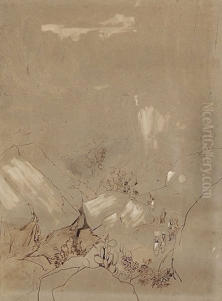 Figures On A Mountain Pass, Possibly Corsica Oil Painting by Edward Lear