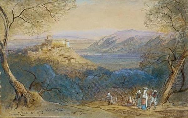 View Of The Castello Caetani And The Hill-town Of Sermoneta, Lazio, Italy Oil Painting by Edward Lear