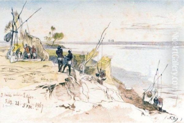 Figures On The Shore Near Edfu Oil Painting by Edward Lear