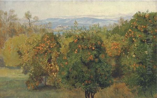 View Of The Citadel, Corfu, With An Orange Grove In Theforeground Oil Painting by Edward Lear