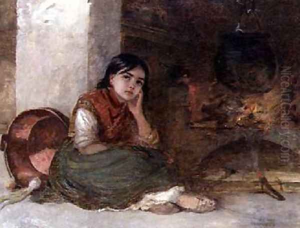 Girl by a Fireside 1862 Oil Painting by Edwin Longsden Long