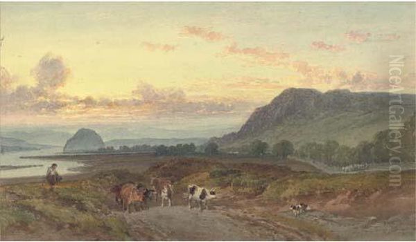 A Drover With His Cattle By The Clyde, Dumbarton Rock Beyond Oil Painting by William Leighton Leitch