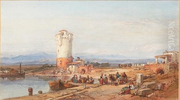 An Italian Lake Scene Oil Painting by William Leighton Leitch