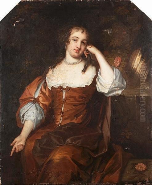 Portrait Of A Lady, 
Three-quarter-length, In A Brown And White Dress With A Maroon Wrap 
Seated Before A Fountain Oil Painting by Sir Peter Lely