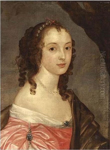 A Portrait Of A Lady, Bust 
Lenght, Wearing A Pink Satin Dress, Pearl Jewellery And A Brown Shawl 
Draped Around Her Oil Painting by Sir Peter Lely