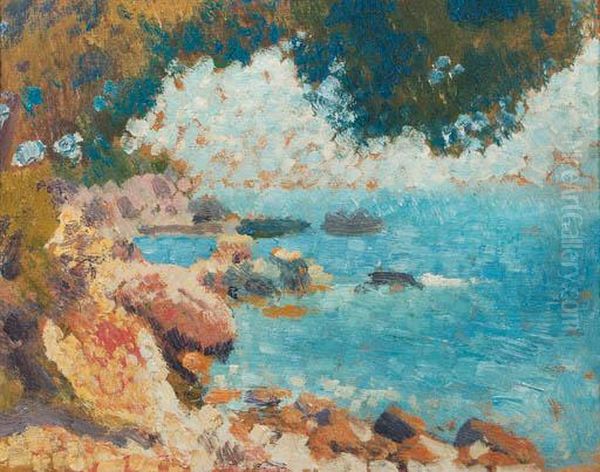 A Mediterranean Coastal Landscape Oil Painting by Georges Lemmen