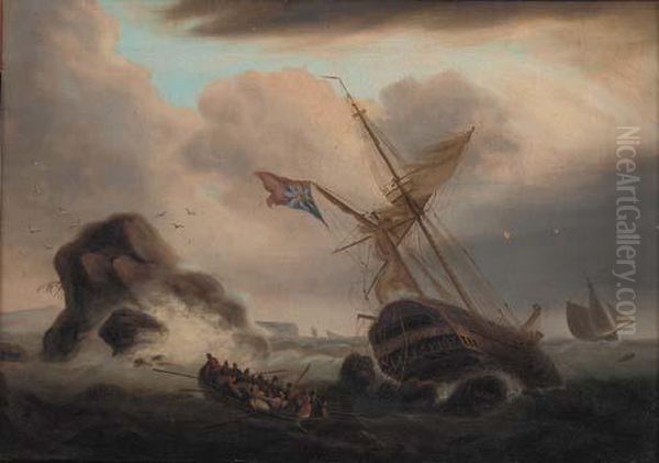 A Ship Foundering Off A Rocky 
Coastline With Survivors In A Rowing Boat Heading For Shore Oil Painting by Thomas Luny