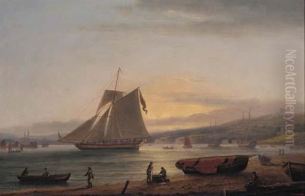 Teignmouth Harbour With A Cutter Heading Out To Sea Oil Painting by Thomas Luny