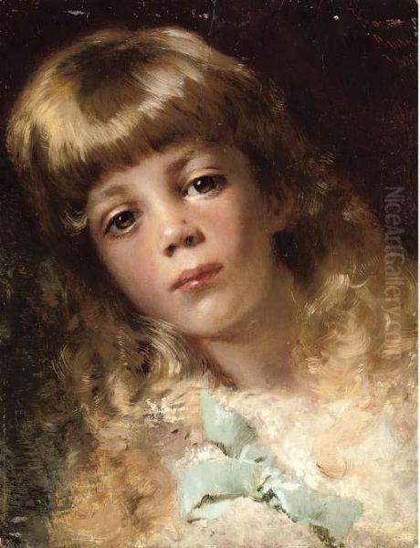 Portrait Of A Young Girl Wearing A Blue Ribbon Oil Painting by Konstantin Egorovich Egorovich Makovsky